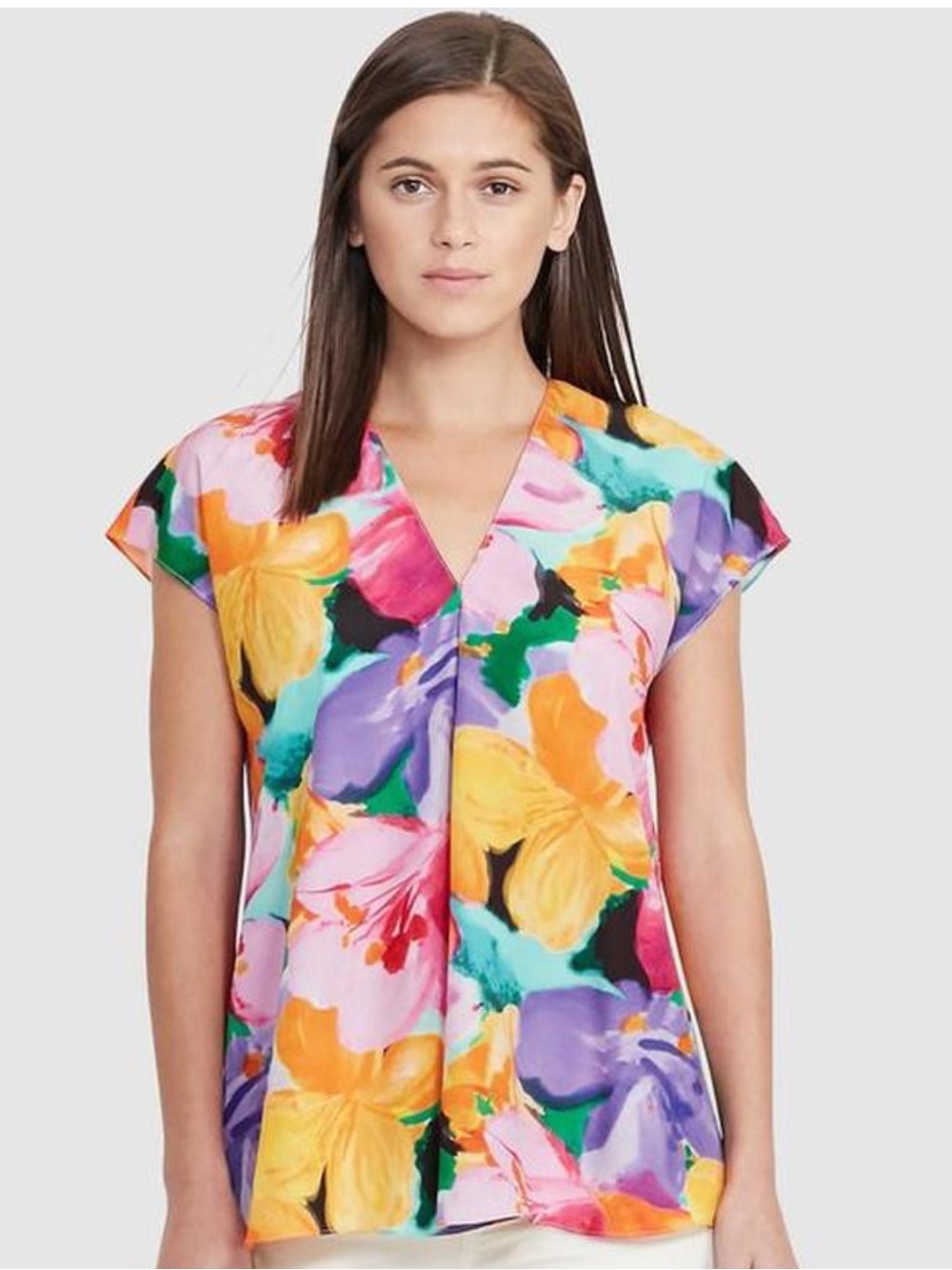 Lauren Ralph Lauren Multicolor Floral V-Neck Cap Sleeve Blouse
